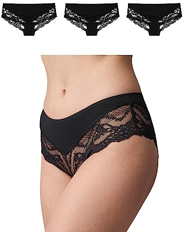 Snocks 3er Pack Hipster Lace - Damen Baumwolle Panties mit Spitze - Unterhose Damen Slip - Gr. L - Farbe Schwarz