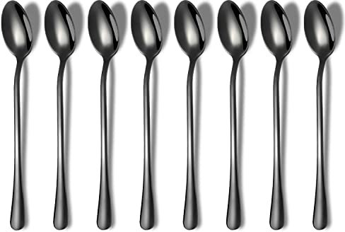 HOMQUEN Schwarzer Löffel mit Langem Griff, Kaffeerührer, Premium-Edelstahl-Kaffeelöffel, Eisteelöffel, Eislöffel, Cocktail-Rührlöffel, Teelöffel, 8Er-Set (Schwarz)