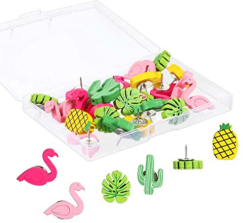 IRYNA 30Pcs Wooden Push Pins Thumb Tacks Decorative Cute Pushpins Drawing Pins Thumb Tacks for Photos Wall, Maps, or Cork Bulletin Board (Flamingo Pineapple Cactus Palm Leaf)