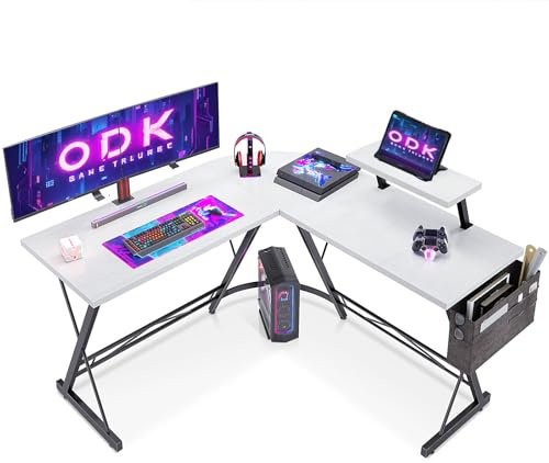ODK Gaming Tisch, Gaming Schreibtisch Eckschreibtisch für Gamer, Schreibtisch L Form mit Monitorständer für Büro (Weiß, 127 x 127 cm)
