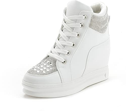 rismart Plataforma Botines Mujer Brillantina High-Top Moda Cuñas Zapatillas con Cordones Blanco, 37 EU