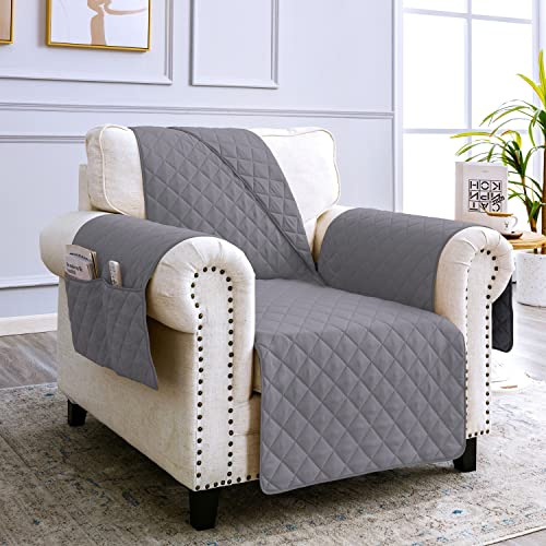 sevi's Funda Sofá 1 Plazas Impermeable e Antideslizante con Bolsillos, Cubre Sillon Orejero/Relax Reversible Antiarañazos para Mascotas, Oeko-Tex, Lavable - Gris