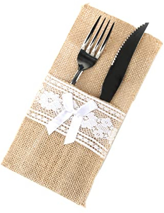 12 Stück Jute Bestecktasche,Vintage Spitze Sackleinen Besteckbeutel Bestecktaschen Besteckhalter Sackleinen Hochzeitsdeko Tischdeko für Hochzeit Weihnachten Taufe Rustikal Party Restaurant ,Stil D