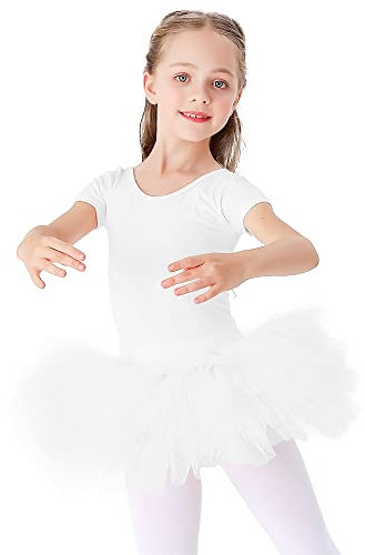 Bezioner Beioner Girls' Ballet Tutu Dress Cotton Dance Leotard with Skirt Short Sleeve Ballerina Outfit White 110