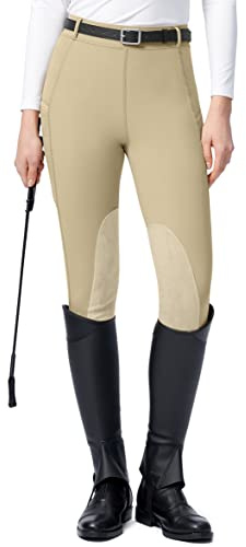 SANTINY Women's Horse Riding Pants with Zipper Pockets Knee-Patch Schooling Tights Equestrian Breeches for Women (Khaki_S)