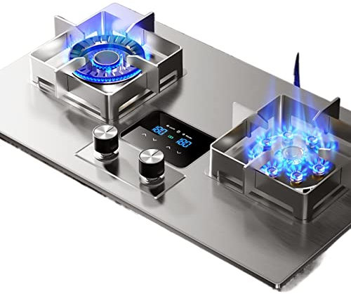 IBOWZ Plaque de Cuisson Gaz Cuisinière à gaz encastrée en Acier Inoxydable de 71 cm Cuisinière à gaz à 2 brûleurs,minuterie de 180 Minutes (bilatérale indépendante),Dispositif de Protection Contre