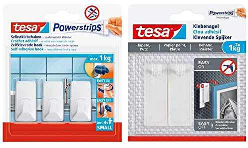 tesa Powerstrips Haken Small ECKIG - Weiß & Klebenagel für Tapeten und Putz 1kg - Selbstklebende Nägel für empfindliche Oberflächen - rückstandslos - Bis zu 1 kg Halteleistung pro Nagel - 2 Klebenägel