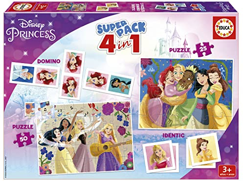 Educa - Disney Prinzessinnen 4-in-1 Superpack | Domino, Memo-Spiel und 2 Puzzles 25 und 50 Teile | Lernspielzeug Maedchen ab 3 Jahren | Offiziell lizenziert (19683)