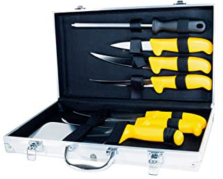 Pradel Excellence - PCOT005009 - Mallette Couteaux de Boucher 8 Pièces - Lames Inox - Manches Polypropylène Jaune - Compatibles Lave-Vaisselle - Mallette de Rangement - 1,83 kg