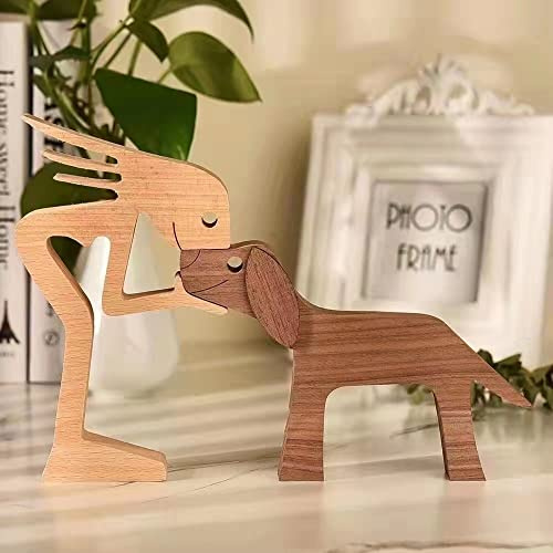 Jauhmui Holzskulptur Ornamente Familien Welpe Hund Statue Home Deko (B)