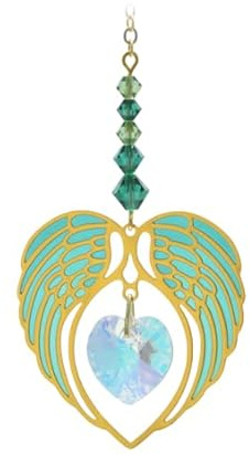 Wild Things Gifts Glass Crystal Dreams Emerald Green Suncatcher - May Birthstone - Angel Wing Heart - Hanging Crystal Ornament With Gold Details (May-Emerald)