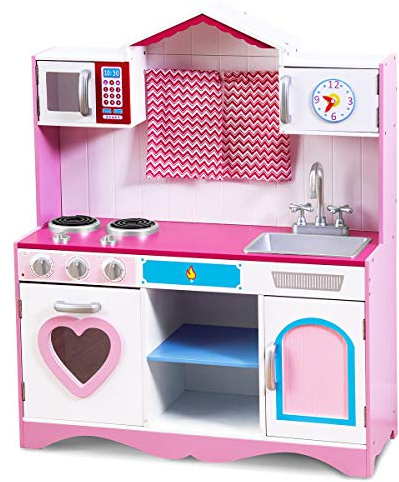 COSTWAY Kinderküche Spielküche, Kinder Küche Holz mit Abnehmbare Spüle Mikrowelle Backofen, Spielzeugküche Holzküche für Kinder ab 3 Jahren, 82x30x100,5 cm, Rosa