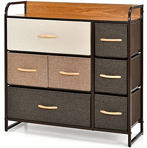 GIANTEX Schubladenschrank Komodenschrank, Kommode mit Schubladen Stoff, Kommoden Sideboards Stahlrahmen & Holzplatte, Aufbewahrungsschrank Schrank Schlafzimmer (Bunt Braun, 7 Schubladen)