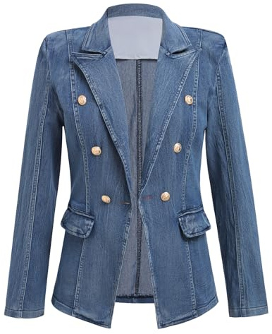 Denim Blazer Suit for Women Notch Collar One Button Office Lady Business Work Outfits Lapel Double Breasted Jean Jacket Fall Winter Slim Fit Flap Pocket Denim Jacket Deep Blue XL