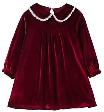 Mud Kingdom Vestito da bambina con colletto alla Peter Pan, bordo in pizzo, in velluto, a maniche lunghe, linea ad A, con polsini elastici, età 2-10 anni, Rosso, 2 anni