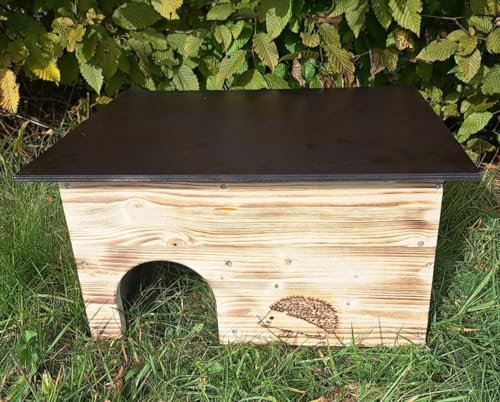 Holzdeko-Ma Igelhaus Igelhotel Igelhütte Futterhaus für Igel Igelfutterhaus edel geflammt ohne Boden mit Einer Rattenklappe (IGK)
