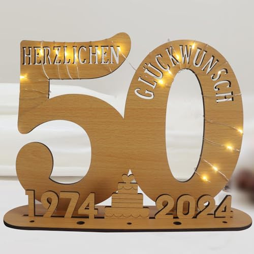 CHINS 50 Geburtstag Frauen & Männer | Geschenk zum 50 Geburtstag Männer & Frauen | Geschenke Geburtstag 50 mit LED Lichterkette Ständer - Holz-Schild Gästebuch - 50 Geburtstag Deko