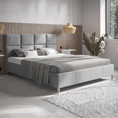 MOTIVENA Aria Polsterbett 180x200 mit Füßen, Bett 180x200 mit lattenrost, Polsterbett 180x200 ohne Bettkasten, Polsterbett 180x200 Samt, mit Kopfteil, ohne Matratze, Grau (Hellgrau)