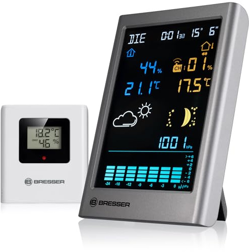 Bresser Funk-Wetterstation MeteoTemp TBV mit grafischer Wettervorhersage, Innen-/Außentemperatur, Luftfeuchtigkeit, Luftdruckhistorie | Innen und Außentemperatur, Luftfeuchtigkeit, Wettervorhersage, Luftdruck Historie, DCF Uhr, Wecker, Mondphase