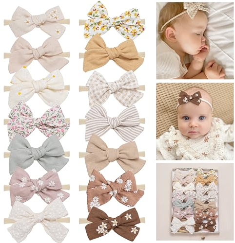 Fancy Clouds Baby Girl Bows and Headbands,14 pcs Stretchy Soft Nylon Hairbands Hair Bows for Newborns, Infants, Toddlers - Handmade Baby Hair Accessories for Girls Gifts