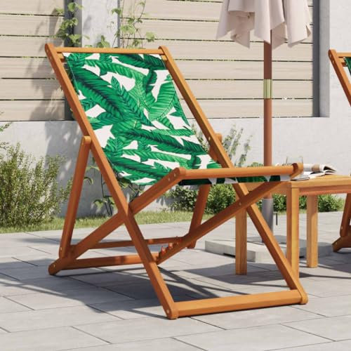 Somanki Strandstuhl Klappbar Blattmuster Massivholz Eukalyptus Stoff, Camping-Stühle, Strandsessel, Strandliege, Angelstühle, Beach Chair, Gartenstuhl - 366566