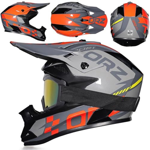 SMTSEC Motorradhelm Cross Damen Herren Full Face MTB Helm Motocross Helm DOT/ECE-Zertifizierter Mit Schutzbrillen Maske Handschuhe Downhill Helm Mopedhelm Schutzhelm Für Cruiser Chopper,Grey/A-S