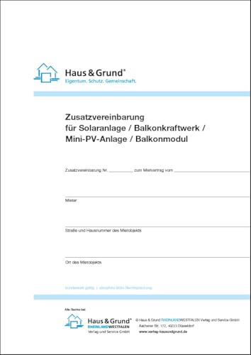 Haus & Grund Zusatzvereinbarung für Solaranlage/Balkonkraftwerk/Mini-PV-Anlage/Balkonmodul (1 Satz, 2 Exemplare)