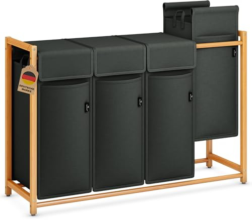 AdelDream Wäschekorb 200L, 4 Fächer Wäschesammler, Bambusrahmen | Wäschesortierer 4 x 50L, abnehmbarer Sack, atmungsaktiv, Dunkelgrau