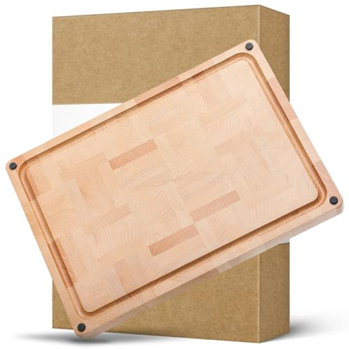 HEZHEN Cutting Board, Reversible 2-Sided, End Wood Grain,Beechwood | End Grain Beech, Built-in Side Handles, Easy Clean, Gift Ready,Juice Groove,Non-Slip Silicone Feet