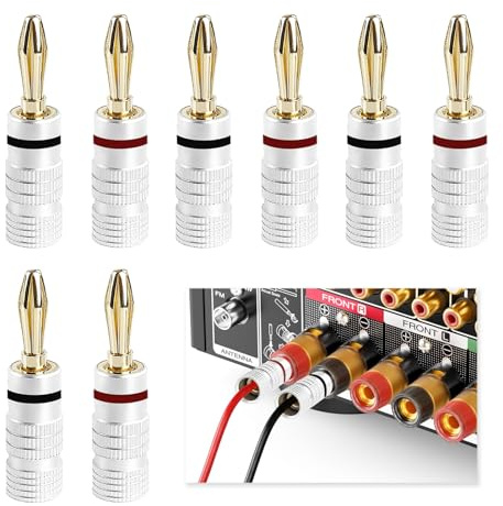 8 Stück 24K Vergoldet Bananenstecker, Lautsprecher Banana Steckverbinder, Schraubbare Lautsprecherkabel Anschlüsse für HiFi Audio Heimkino Systeme, 4 Rot 4 Schwarz, Kompatibel Kabeln 0.75 mm bis 4 mm