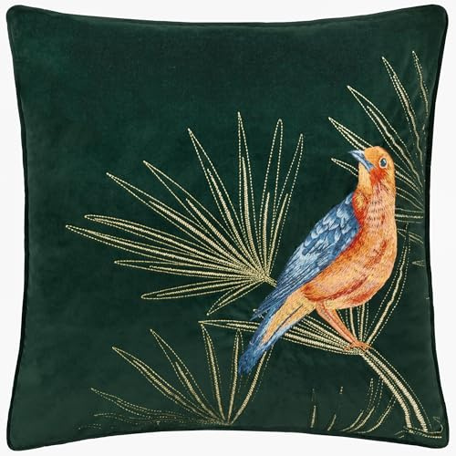 Paoletti Odisha Exotic Bird Embroidered Cushion Cover - Emerald - 45x45cm