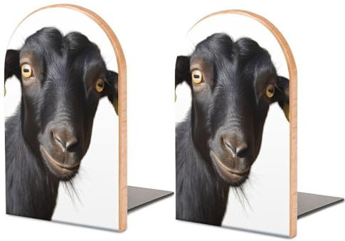 2 Stück Buchstützen aus Holz, Schwarze Buchstützen mit Ziegenmotiv für Regale, rutschfeste Buchstützen für Büro, Zuhause und Küche, Buchstützen zum Aufbewahren von Büchern, 12,7 x 7,6 cm