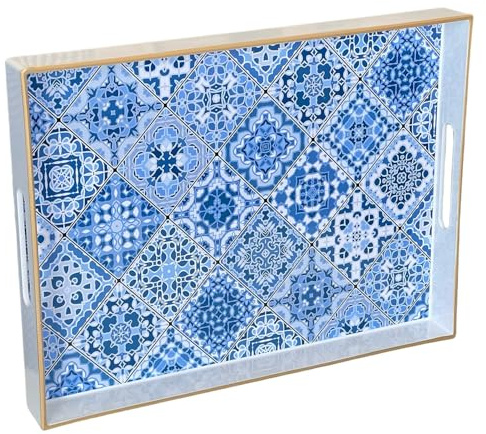 Simmer Stone Vassoio rettangolare decorativo in plastica con manici, moderno, per ottomana, tavolino, cucina e bagno, 40 x 30 cm (fiore bianco edg blu)