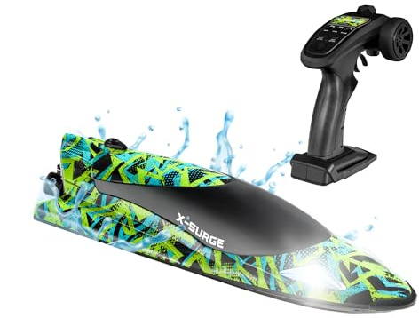 OVERMAX X-SURGE Barca da Corsa RC Telecomandata con Luce LED 35 km/h 1200 mAh Batterie 30 min di Divertimento Controllo Velocità Portata fino a 100 m, Giocattolo per Piscine e Laghi