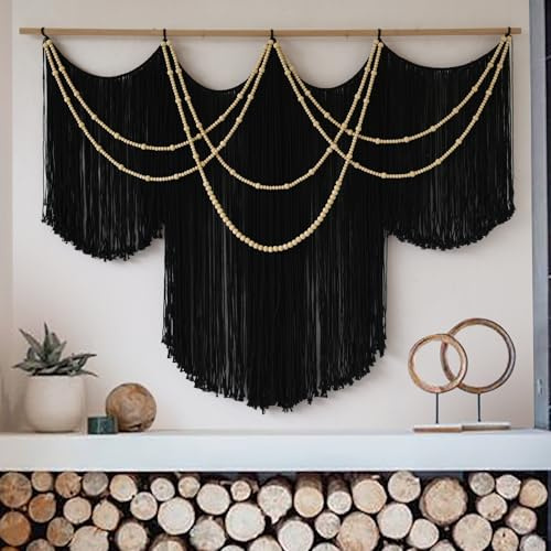 Macrame Wall Hanging Black Yarn Tapestry Home Decor Large Fiber Wall Art Living Room Bedroom Home Wall Decor 57 W x 43 L
