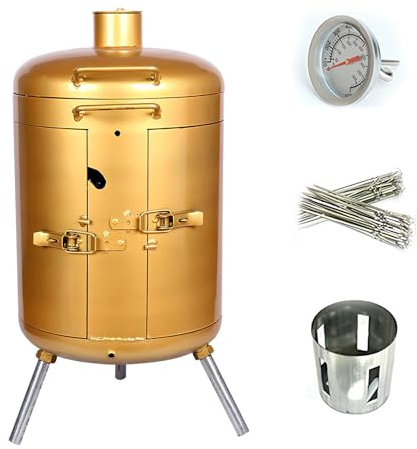 PQPQLI Holzkohlegrills Tragbarer Grill Stahl Holzkohle Smoker Hängender Grillofen Mit Thermometer Und 30 Schaschlik(Gold)