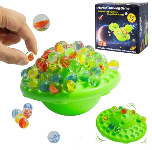 WJUAN Gioco di biglie per bambini e adulti – 60 biglie di vetro colorate con base instabile e contenitore – Giochi di abilità famigliare da 1 a 4 giocatori