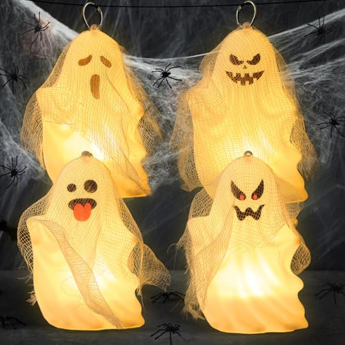 Halloween Luci Fatate Fantasma, 4 Pezzi Halloween Decorazioni Luce e Ragnatela, Fantasmi Luci Addobbi Casa, Lampada Ghost Lanterna Indoor Outdoor Festa Giardini Decorazione