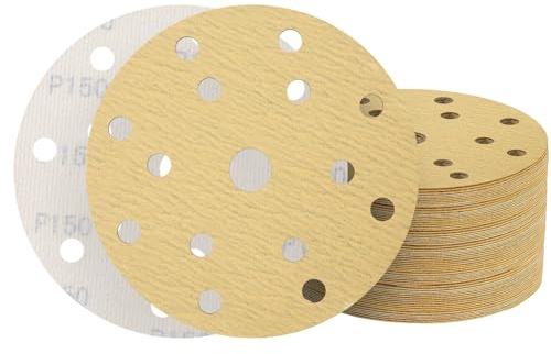 50PCS 150mm Sanding Discs 15 Hole Hook and Loop 150 Grit Golden Sandpaper for Random Orbital Sander