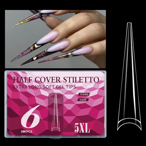 Unghie trasparenti extra lunghe 5XL per unghie professionali in acrilico, 180 pezzi, copertura completa, stile francese per manicure e nail art