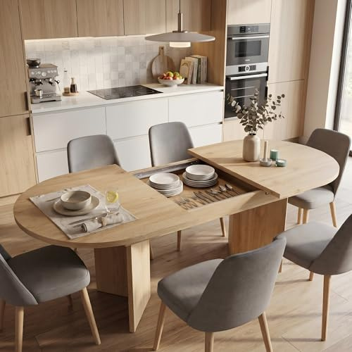 Lumivortex Matbord, utdragbart trä med rundade hörn, matbord, utdragbart, 140–180 x 90 x 75 cm, förstärkt ram, utdragsbord, matsal för 4 till 8 personer, ekfärg (E)