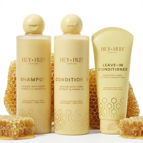 Hey Hun Sulphate Free Shampoo & Conditioner Set with Leave-In Conditioner - Argan Oil & Honey Hair Care Kit for Curly, Dry & Damaged Hair - Cruelty-Free, Moisturising, 3 Piece Set (2x300ml + 200ml)