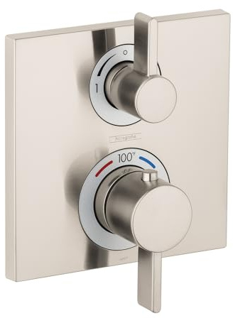 hansgrohe Ecostat Square Modern Thermostatic Shower Valve Trim with Temperature Control and Diverter in Brushed Nickel, 15714821