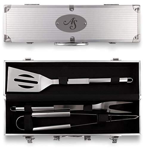 Grillkoffer 3-teilig Grillbesteck Edelstahl Grill Set mit Gravur - Initialen