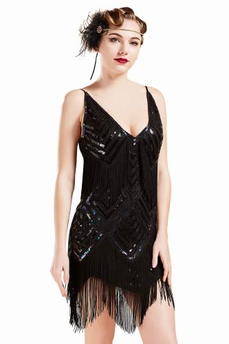BABEYOND 1920s Flapper Fringed V-Neck Sleeveless Sequin Gatsby Cocktail Party Charleston Dress (Black, M)