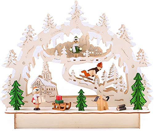 BRUBAKER 3D LED Lichterbogen Schwibbogen - Winterlandschaft mit Kirche - LED Beleuchtung - Holz natur - 27 x 24 x 8,7 cm - Handbemalt
