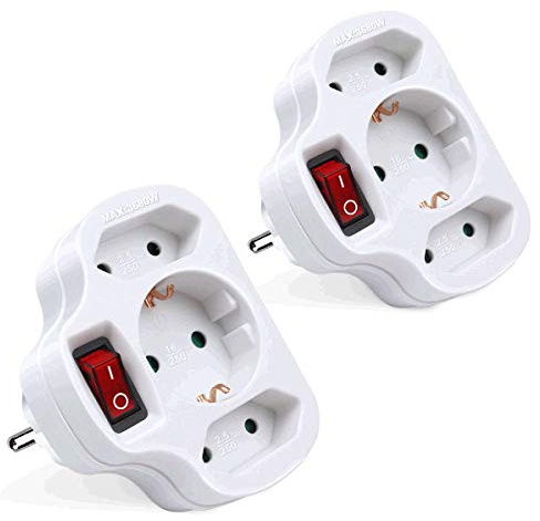 EXTRASTAR 3-Fach Steckdosenadapter mit Schalter, 1 Schuko+2 Euro, Max.3680W | Mehrfachsteckdose mit Kindersicherung, Max.3680W, für Büro, Reise und Haushalt, Weiß, 2 Stück