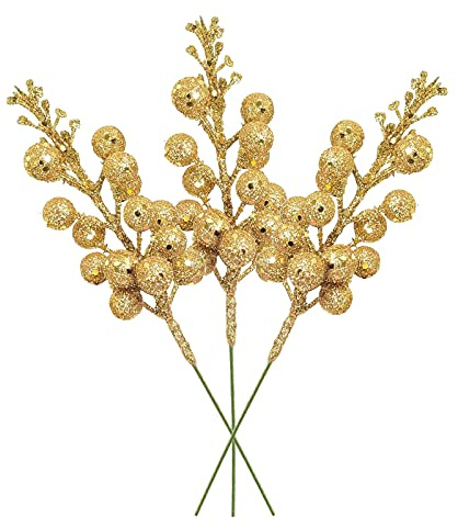 12 steli di bacche glitterate natalizie, 20 cm, ramoscelli di bacche dorate, ramoscello di bacche di agrifoglio artificiali per decorazioni per albero di Natale, ghirlande natalizie, fai da te,