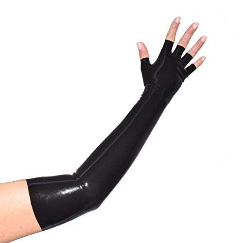 Rubberfashion Long Latex Gloves - Fingerless Latex Gloves - Long Rubber Gloves to Upper Arm for Women and Men Black 0.4mm L/glove size: 9