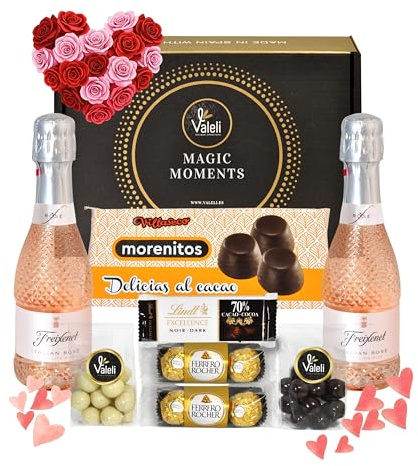 Valeli, Regalo original dia de la madre bombones Ferrero Rocher, chocolate,cava.Regalo original Navidad,San Valentín, Cumpleaños.Cesta delicatessen Estuche gourmet para regalar(ITALIAN ROSÉ)
